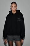 ASTERELLE Kadın Pamuklu İçi Polarlı Oversize Kapüşonlu Sırtcı Patch Detaylı Siyah Sweatshirt