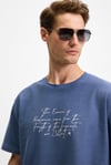 BONDIA Erkek Baskı Detaylı %100 Organik Pamuk Oversize Fit Bisiklet Yakalı Kısa Kollu İndigo T-Shirt