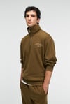 BRAM Erkek %100 Pamuk Dik Yakalı Yarım Fermuarlı Baskılı Haki Sweatshirt