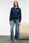 CAMIREL Kadın Polo Yaka Düğmeli Nakış Detaylı Reglan Kol Comfort Fit Lacivert Sweatshirt