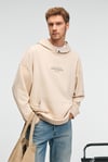 CLAY Erkek %100 Pamuk Kapüşonlu Çıtçıtlı Baskılı Cebi Süs Etiketli Krem Sweatshirt