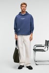 CLAY Erkek %100 Pamuk Kapüşonlu Çıtçıtlı Baskılı Cebi Süs Etiketli İndigo Sweatshirt
