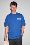 COLIBRI Erkek Ön Arka Baskı Detaylı Oversize Kısa Kollu Bisiklet Yaka Organik Pamuklu Mavi T-Shirt
