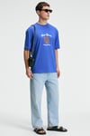 CRISP Erkek Oversize %100 Pamuk Baskılı Yuvarlak Yaka Saks Mavi T-Shirt