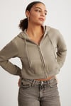Delıa Kadın Crop İçi Polarlı Fermuarlı Organik Pamuklu Kapüsonlu Kordonlu Bej Sweatshirt