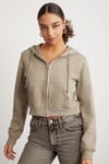 Delıa Kadın Crop İçi Polarlı Fermuarlı Organik Pamuklu Kapüsonlu Kordonlu Bej Sweatshirt