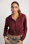 Delıa Kadın Crop İçi Polarlı Fermuarlı Organik Pamuklu Kapüsonlu Kordonlu Bordo Sweatshirt