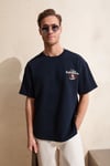 DUKI Erkek Bisiklet Yaka Organik Pamuklu Baskılı Oversıze Lacivert T-Shirt