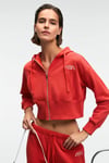 ELARA Kadın Metal Fermuarlı Nakışlı Kapüşonlu Crop Kırmızı Sweatshirt