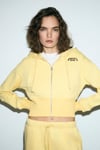 ELARA Kadın Metal Fermuarlı Nakışlı Kapüşonlu Crop Sarı Sweatshirt