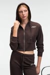 ELARA Kadın Metal Fermuarlı Nakışlı Kapüşonlu Crop Koyu Kahverengi Sweatshirt