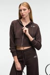 ELARA Kadın Metal Fermuarlı Nakışlı Kapüşonlu Crop Koyu Kahverengi Sweatshirt