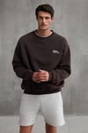 Ernest Erkek Organik Pamuklu Yumuşacık Baskı Detaylı Bisiklet Yaka İçi Polarlı Kahverengi Sweatshirt