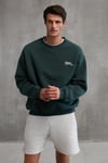 ERNEST Erkek Yumuşacık İçi Polarlı Baskı Detaylı Organik Pamuk Oversize Koyu Yeşil Sweatshirt