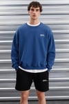 ERNEST Erkek Yumuşacık İçi Polarlı Baskı Detaylı Organik Pamuk Oversize Mavi Sweatshirt