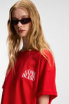 FEYLORA Kadın %100 Pamuk Oversize Fit Baskı Detaylı Kısa Kollu Bisiklet Yaka Kırmızı T-Shirt