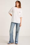 FINOLA Kadın %100 Pamuk Oversize Ön Ve Arka Mavi Yazı Detaylı Kısa Kollu Beyaz T-Shirt