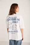 FINOLA Kadın %100 Pamuk Oversize Ön Ve Arka Mavi Yazı Detaylı Kısa Kollu Beyaz T-Shirt