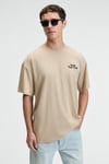 FLAVOR Erkek Oversize %100 Pamuk Baskılı Yuvarlak Yaka Bej T-Shirt