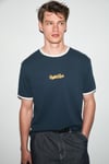 GOLONDRO Erkek %100 Organik Pamuklu Kontrast Biyeli Baskı Detaylı Regular Fit Lacivert T-Shirt