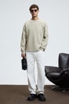 HAL Erkek Yuvarlak Yaka Önünde Ve Kollarında Süs Dikiş Detaylı Baskılı Regular Fit Taş Rengi Sweatshirt