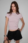 HOPEWELL Kadın Yuvarlak Yaka Örme Slim Fit Pembe-Siyah-Beyaz Çizgili T-Shirt
