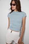 HOPEWELL Kadın Yuvarlak Yaka Örme Slim Fit Mavi Çizgili T-Shirt