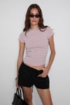 HOPEWELL Kadın Yuvarlak Yaka Örme Slim Fit Pembe-Siyah-Beyaz Çizgili T-Shirt