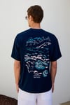 ITALIA Erkek %100 Organik Pamuk Ön Arka Baskı Detaylı Oversize Kısa Kol Lacivert T-Shirt