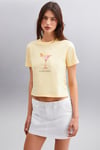 IVONNE Kadın Cocktail Baskı Desenli Kısa Kollu Organik Pamuklu Bisiklet Yaka Crop Sarı T-Shirt