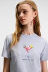 IVONNE Kadın Cocktail Baskı Desenli Kısa Kollu Organik Pamuklu Bisiklet Yaka Crop Grimelanj T-Shirt