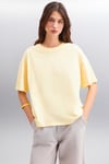 Jemmy Kadın %100 Organik Pamuk Relaxed Fit Yırtmaçlı Yuvarlak Yakalı Sarı T-Shirt