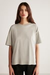 Jemmy Kadın %100 Organik Pamuk Relaxed Fit Yırtmaçlı Yuvarlak Yakalı Açık Gri T-Shirt