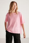 Jemmy Kadın %100 Organik Pamuk Relaxed Fit Yırtmaçlı Yuvarlak Yakalı Açık Pembe T-Shirt
