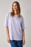Jemmy Kadın %100 Organik Pamuk Relaxed Fit Yırtmaçlı Yuvarlak Yakalı Lila T-Shirt