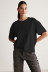 Jemmy Kadın %100 Organik Pamuk Relaxed Fit Yırtmaçlı Yuvarlak Yakalı Siyah T-Shirt