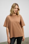 Jemmy Kadın %100 Organik Pamuk Relaxed Fit Yırtmaçlı Yuvarlak Yakalı Vizon T-Shirt