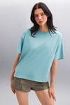 Jemmy Kadın %100 Organik Pamuk Relaxed Fit Yırtmaçlı Yuvarlak Yakalı Yeşil T-Shirt