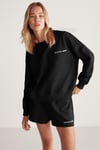 JENNIFER Kadın İçi Polarlı Yumuşacık Nakış Detaylı Organik Pamuk Oversize Siyah Sweatshirt