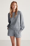 JENNIFER Kadın İçi Polarlı Yumuşacık Nakış Detaylı Organik Pamuk Oversize Gri Sweatshirt