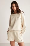 JENNIFER Kadın İçi Polarlı Yumuşacık Nakış Detaylı Organik Pamuk Oversize Vanilya Sweatshirt