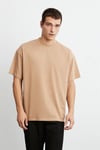 JETT Erkek %100 Organik Pamuklu Kalın Dokulu Oversize Fit Bisiklet Yaka Kahverengi T-Shirt