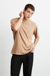 JETT Erkek %100 Organik Pamuklu Kalın Dokulu Oversize Fit Bisiklet Yaka Kahverengi T-Shirt