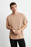 JETT Erkek %100 Organik Pamuklu Kalın Dokulu Oversize Fit Bisiklet Yaka Kahverengi T-Shirt