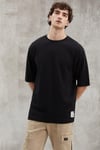 JOEL Erkek %100 Organik Pamuklu Kalın Kumaşlı Özel Dokulu Etiket Detaylı Oversize Siyah T-Shirt