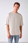 JOEL Erkek %100 Organik Pamuklu Kalın Kumaşlı Özel Dokulu Etiket Detaylı Oversize Taş Rengi T-Shirt