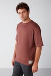 JOEL Erkek %100 Organik Pamuklu Kalın Kumaşlı Özel Dokulu Etiket Detaylı Oversize Bordo T-Shirt