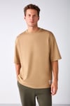 JOEL Erkek %100 Organik Pamuklu Kalın Kumaşlı Özel Dokulu Etiket Detaylı Oversize Bej T-Shirt