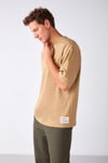 JOEL Erkek %100 Organik Pamuklu Kalın Kumaşlı Özel Dokulu Etiket Detaylı Oversize Bej T-Shirt