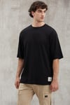 JOEL Erkek %100 Organik Pamuklu Kalın Kumaşlı Özel Dokulu Etiket Detaylı Oversize Siyah T-Shirt